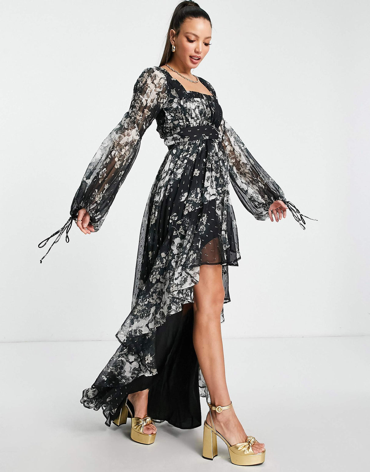 Asos Design Tall High Low Maxi Dress In Textured Chiffon Floral Print With Belt And Pintuck Detail