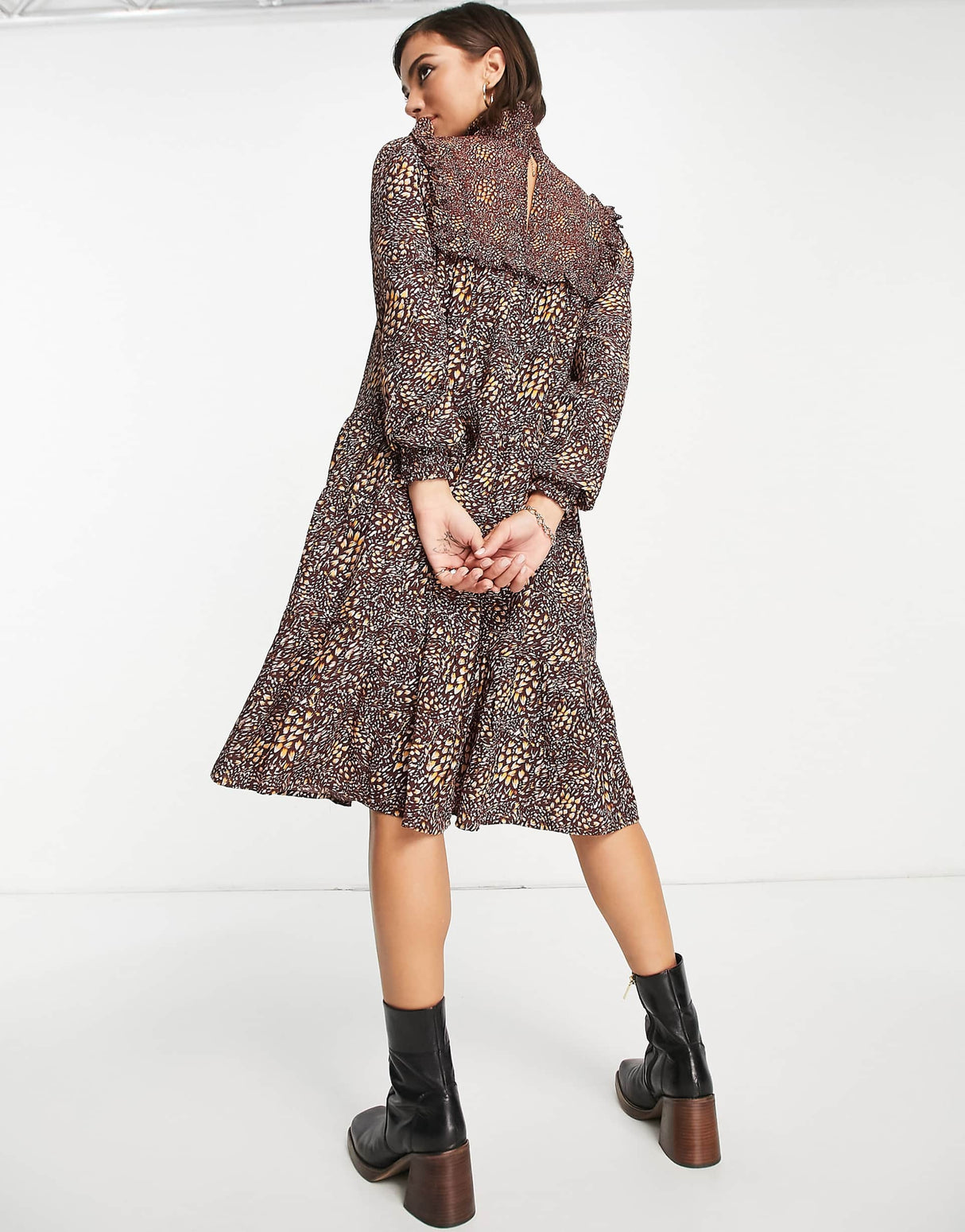 French Connection Faith Drape High Neck Tiered Midi Dress In Brown Animal Print