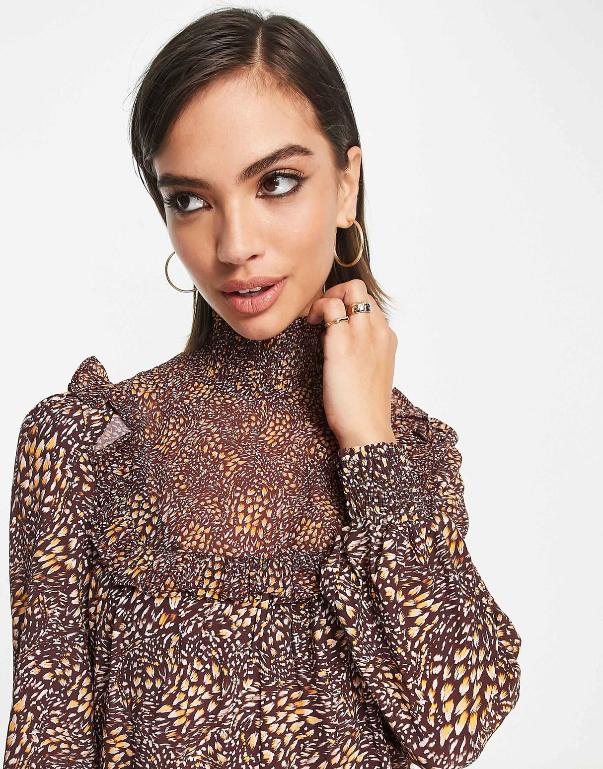 French Connection Faith Drape High Neck Tiered Midi Dress In Brown Animal Print
