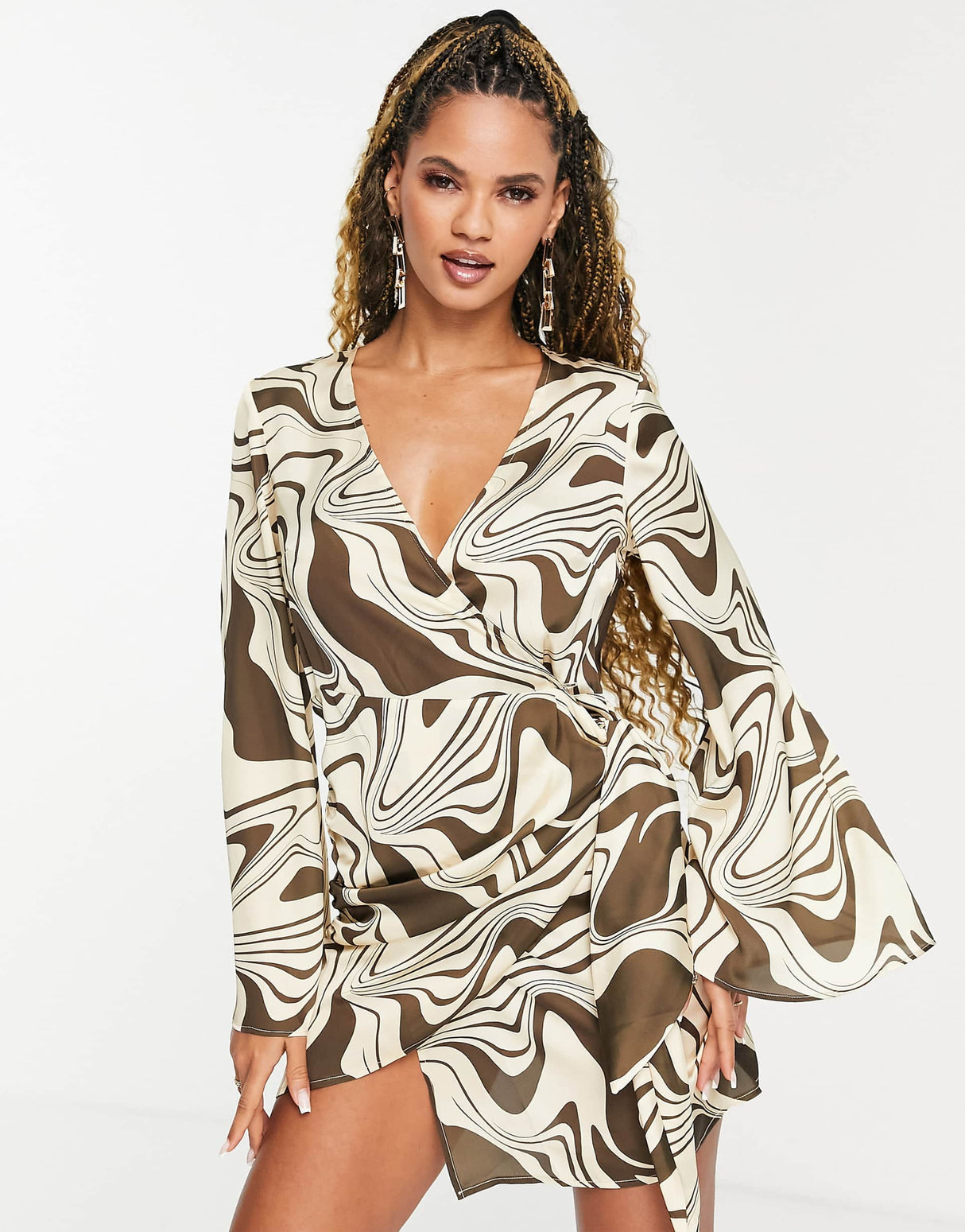Asos Design Wrap Mini Dress In Marble Print With Flare Sleeve