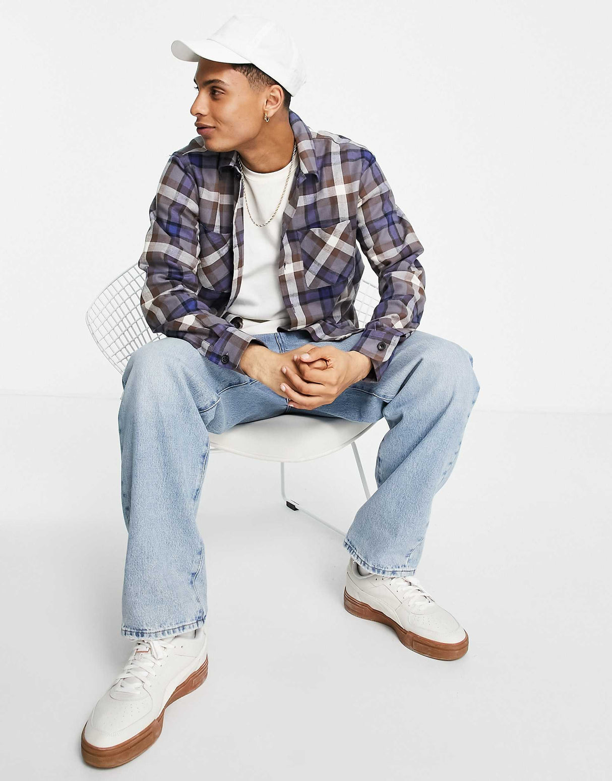 Selected Homme Oversized Check Overshirt In Blue & Beige