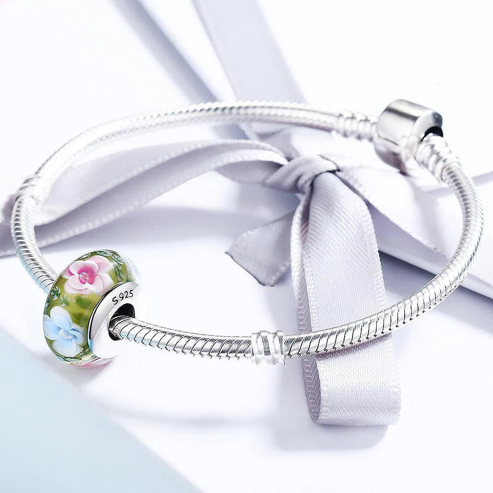 Solid 925 Sterling Silver Pink and Light Blue Blossom Inclusion Green Murano Glass Charm
