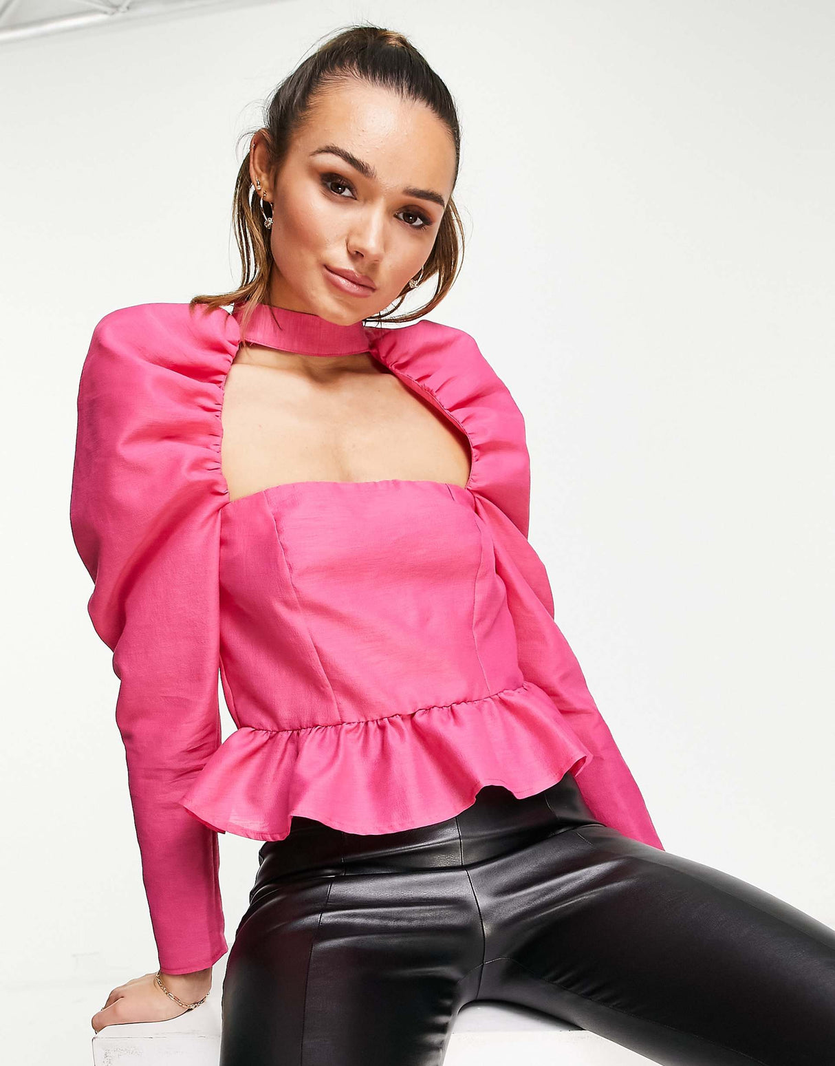 Asos Design Top With Cut Out Neck & Volume Sleeve In Hot Pink