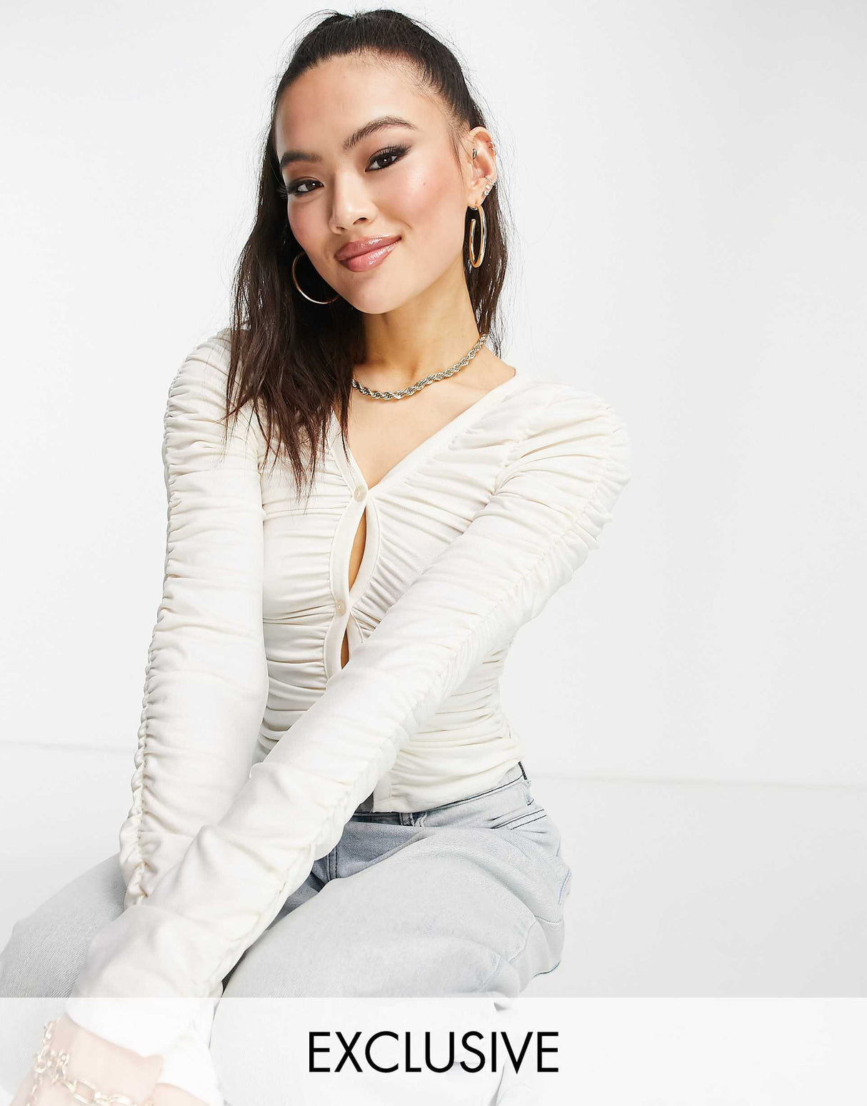 Asyou Ruched Plunge Top In Ecru