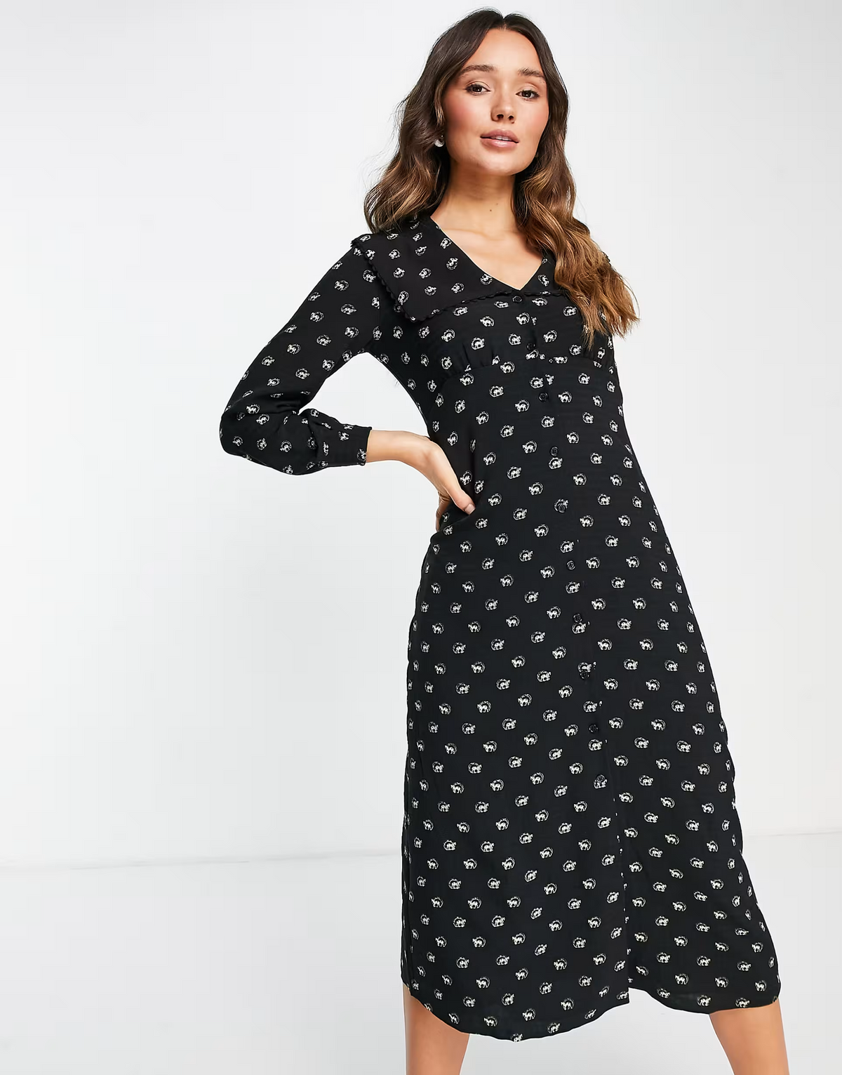 Whistles Izzy Horse Print Large Collar Dress In Black