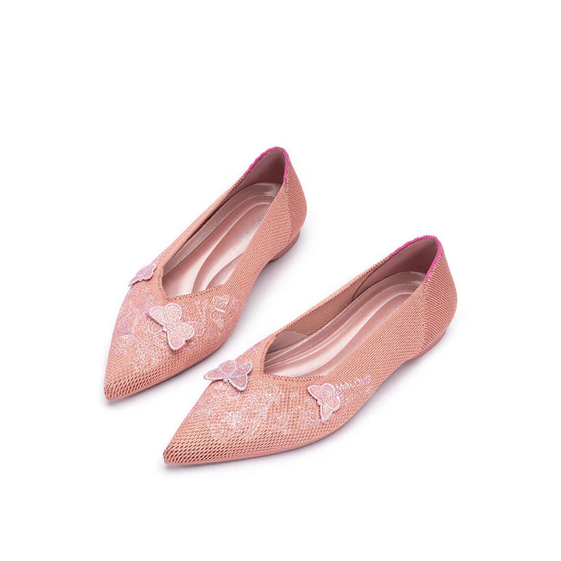 Butterfly Floral Knit Pointed Toe Ballet Flats - Coral