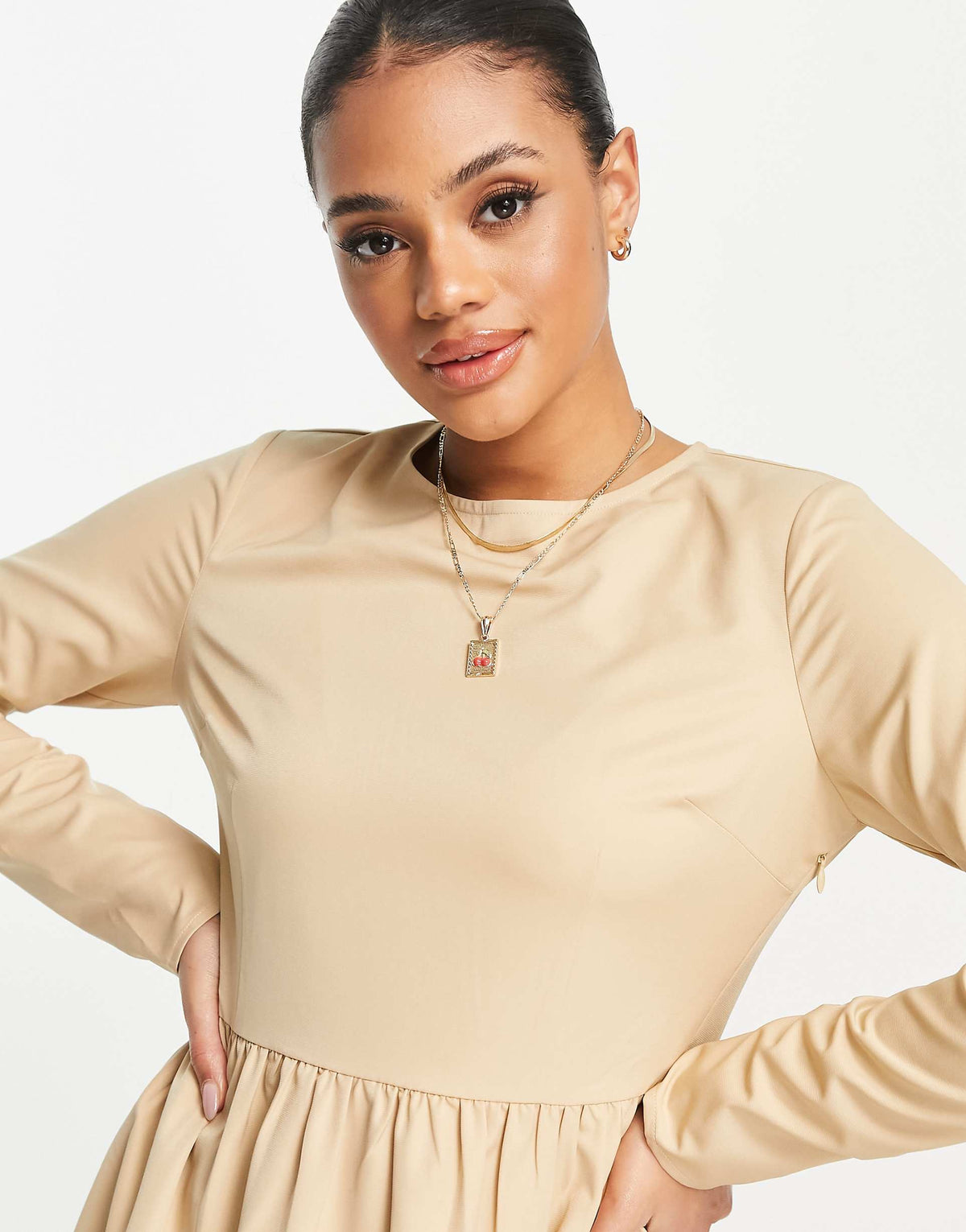 Na-Kd Long Sleeve Mini Dress In Beige