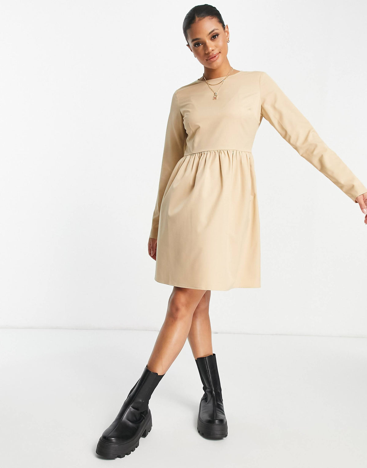 Na-Kd Long Sleeve Mini Dress In Beige
