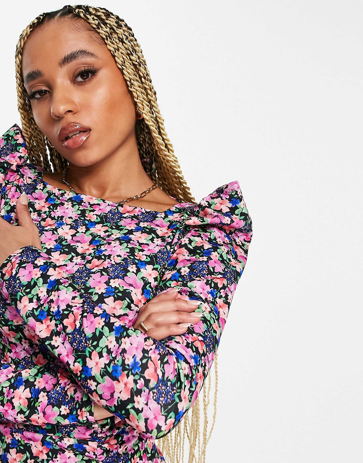 Asos Design Puff Sleeve Mini Dress With Tie Back In Black Base Floral