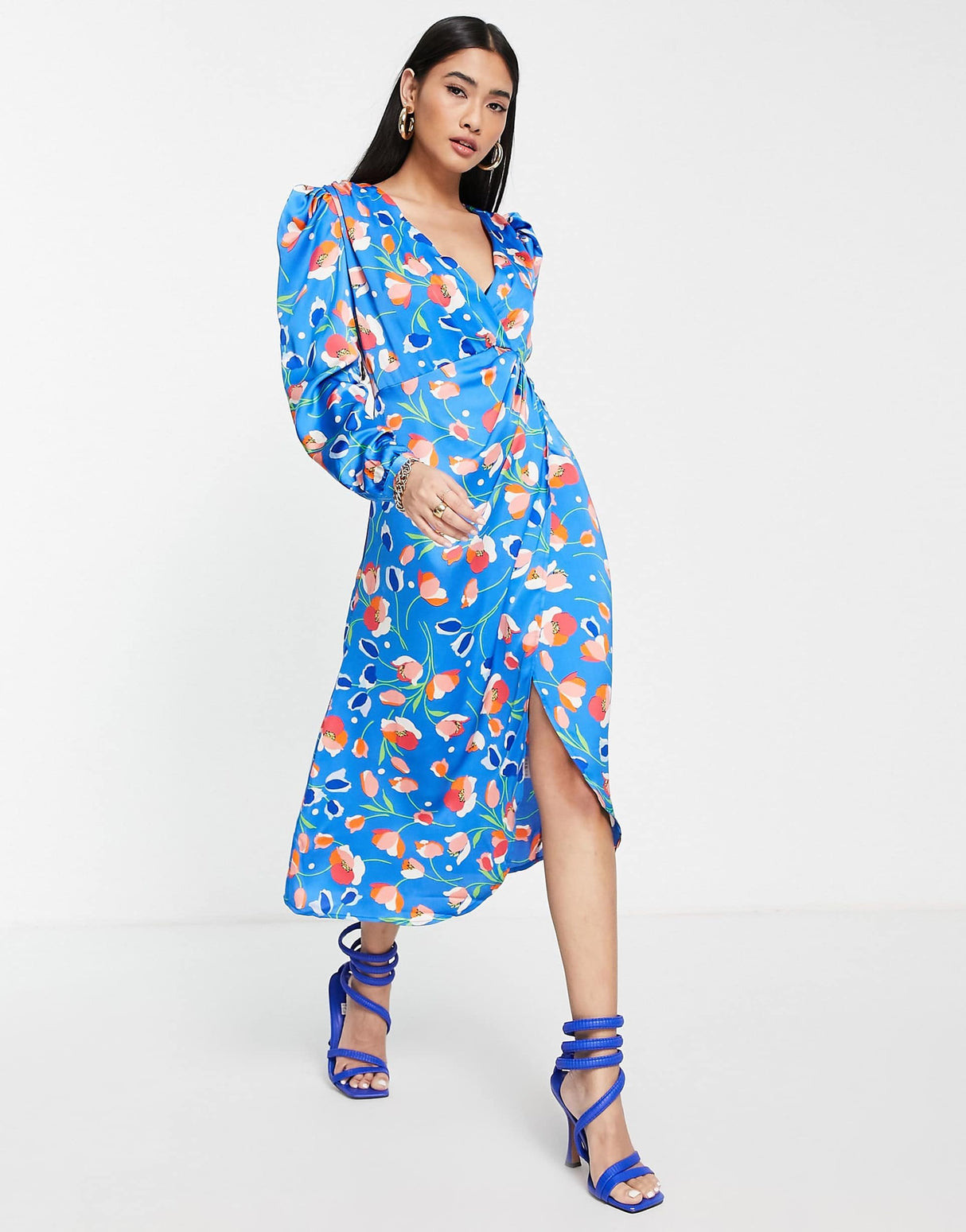 Liquorish Wrap Midi Dress In Blue Floral