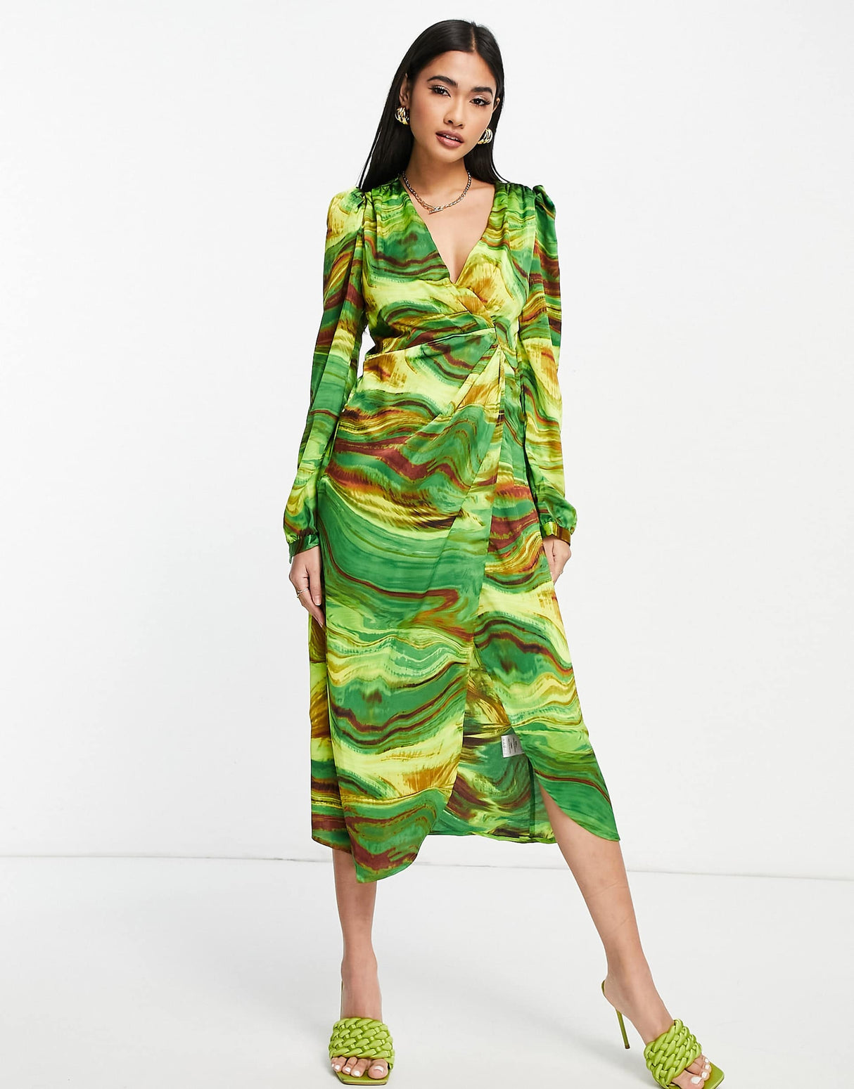 Liquorish Wrap Midi Dress In Green Marble Print