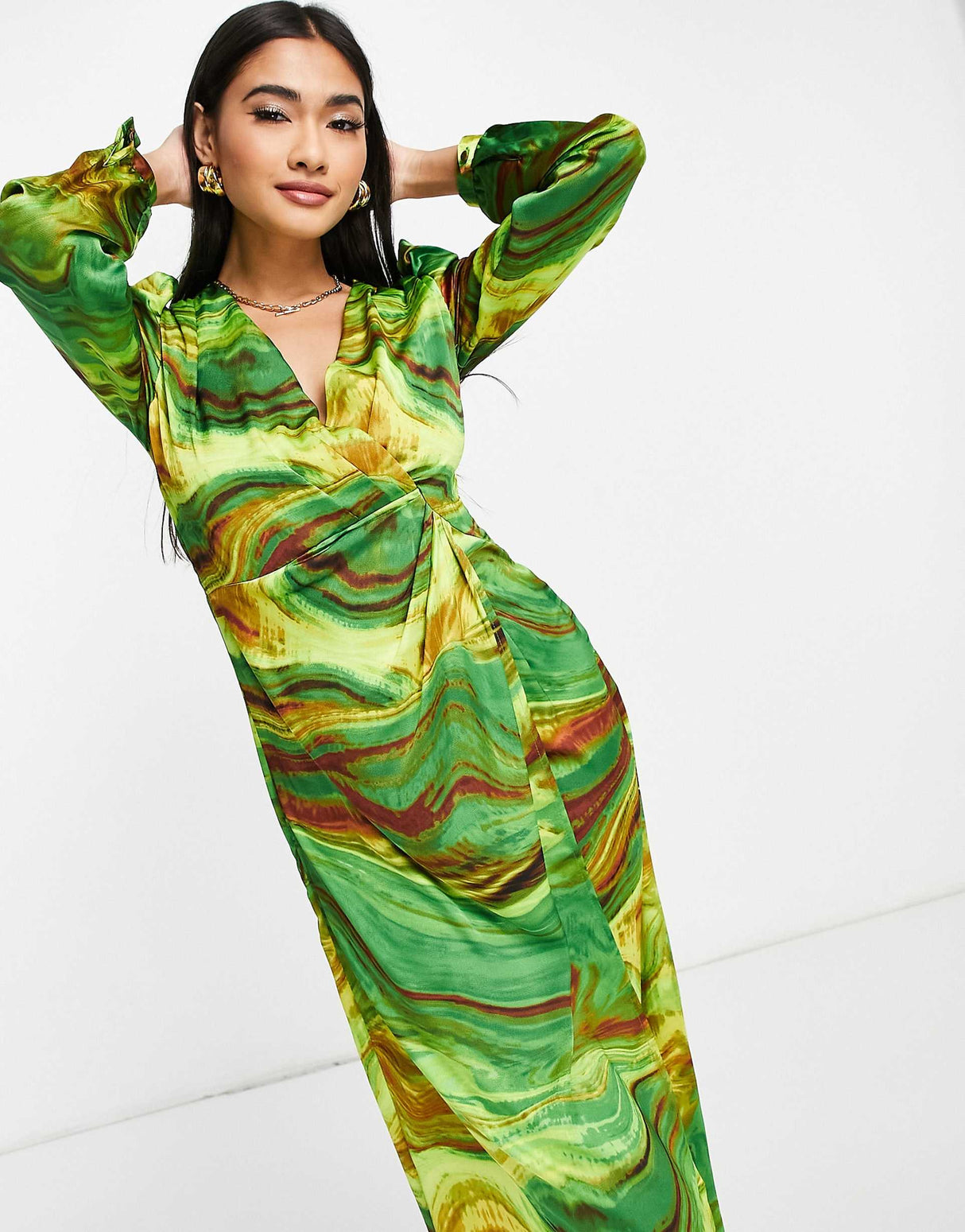 Liquorish Wrap Midi Dress In Green Marble Print