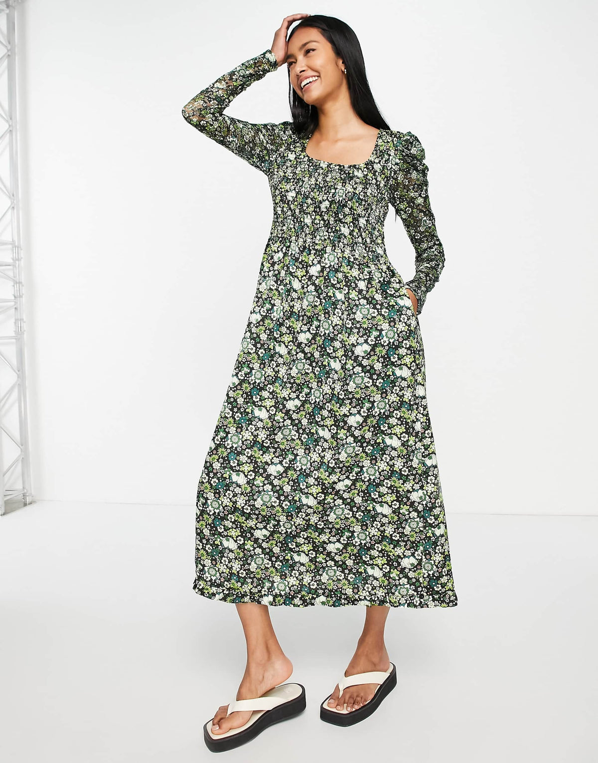 Maison Scotch Floral Print Smocked Midi Dress In Green