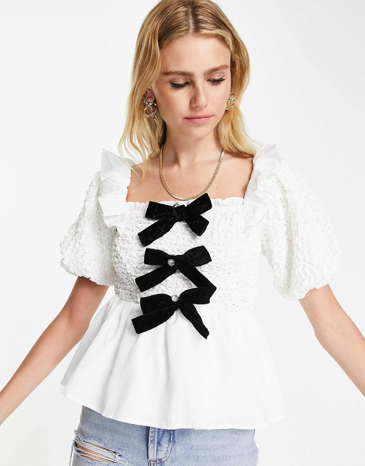 River Island Textured Bow Detail Top In White
