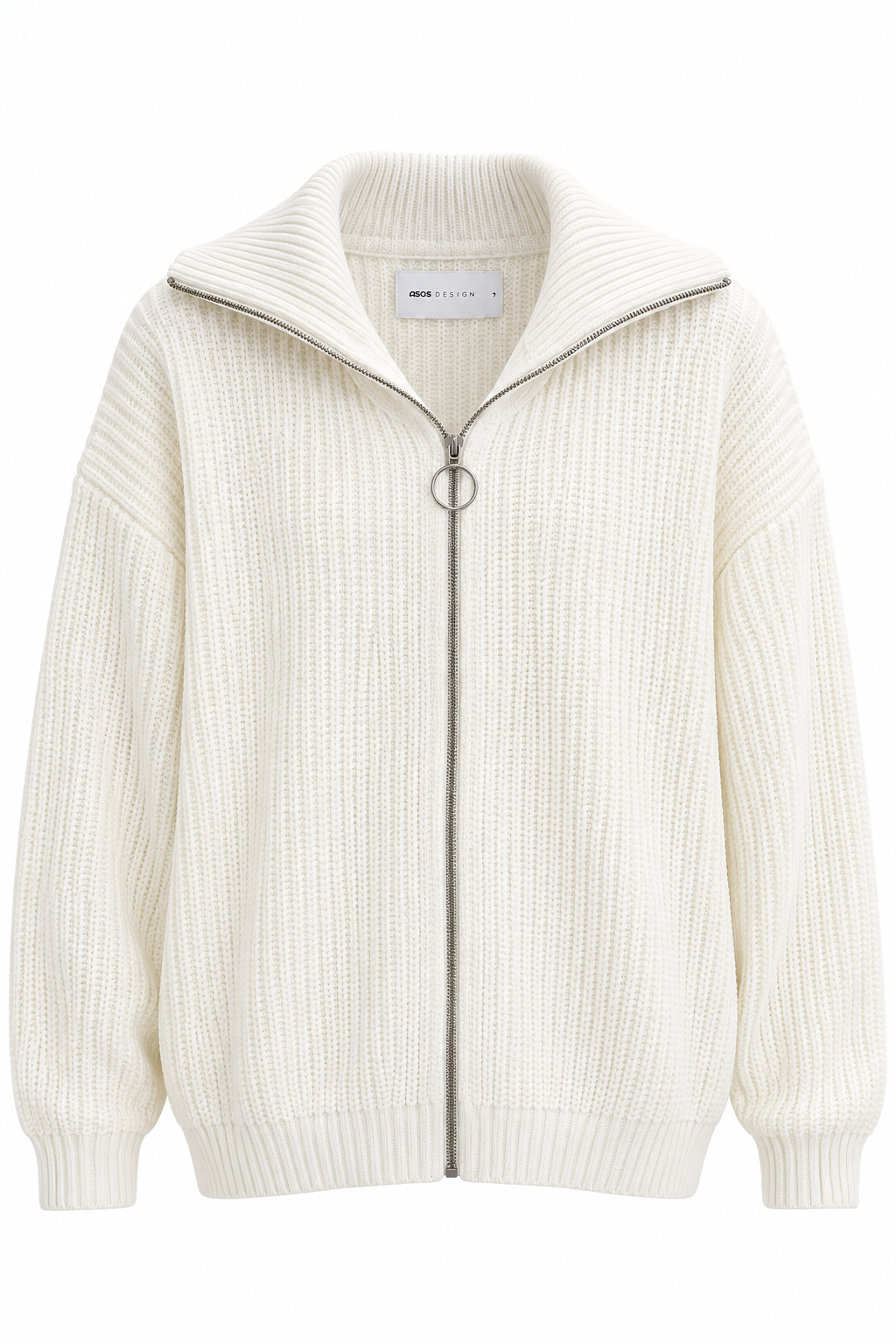 Asos Design Knitted Oversized Zip Through Funnel Neck Jumper In White