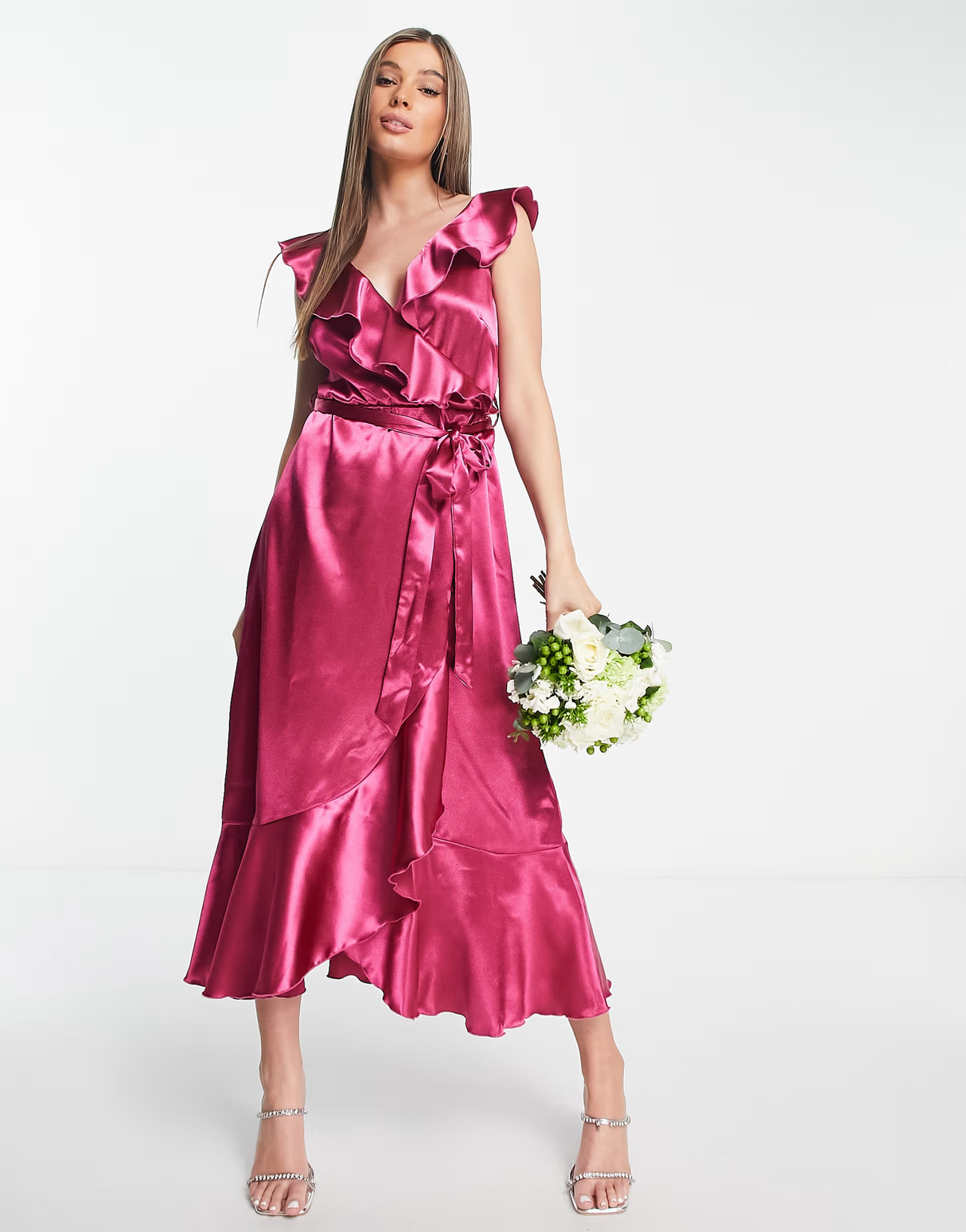 Little Mistress Frill Wrap Dress In Fuchsia Pink