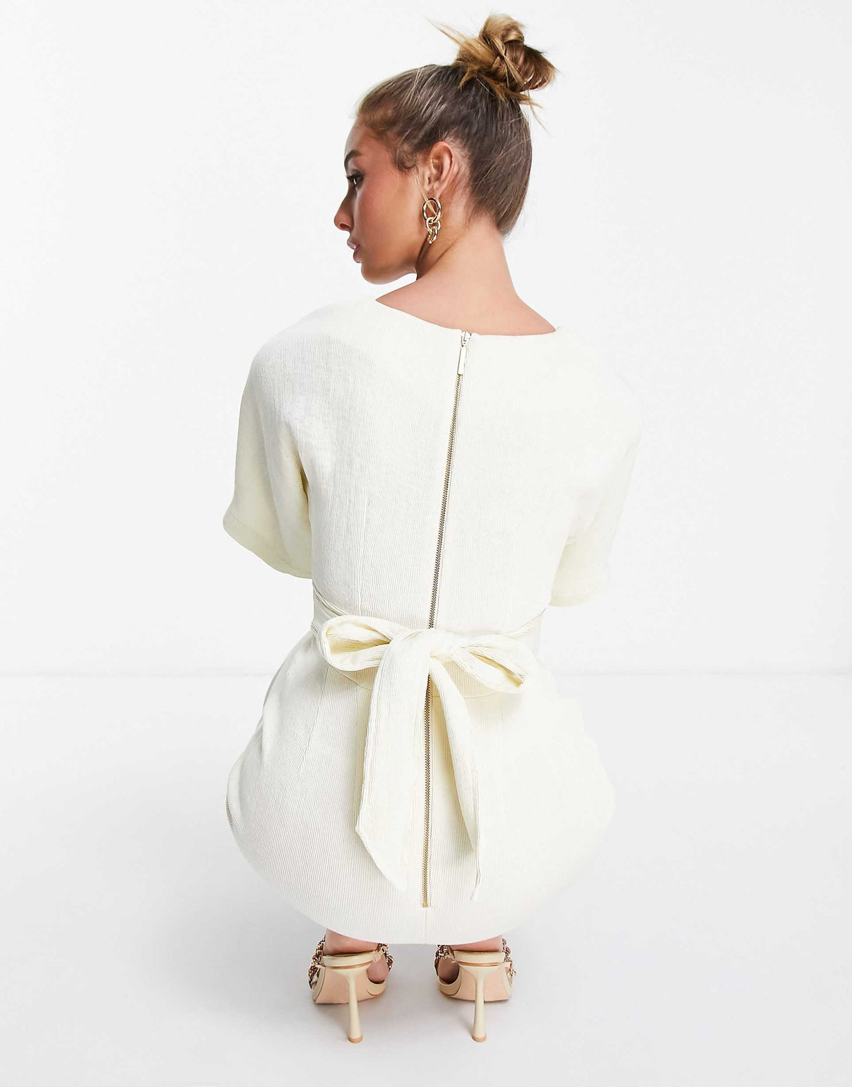 Closet London Ribbed Pencil Dress With Tie Belt In Stone