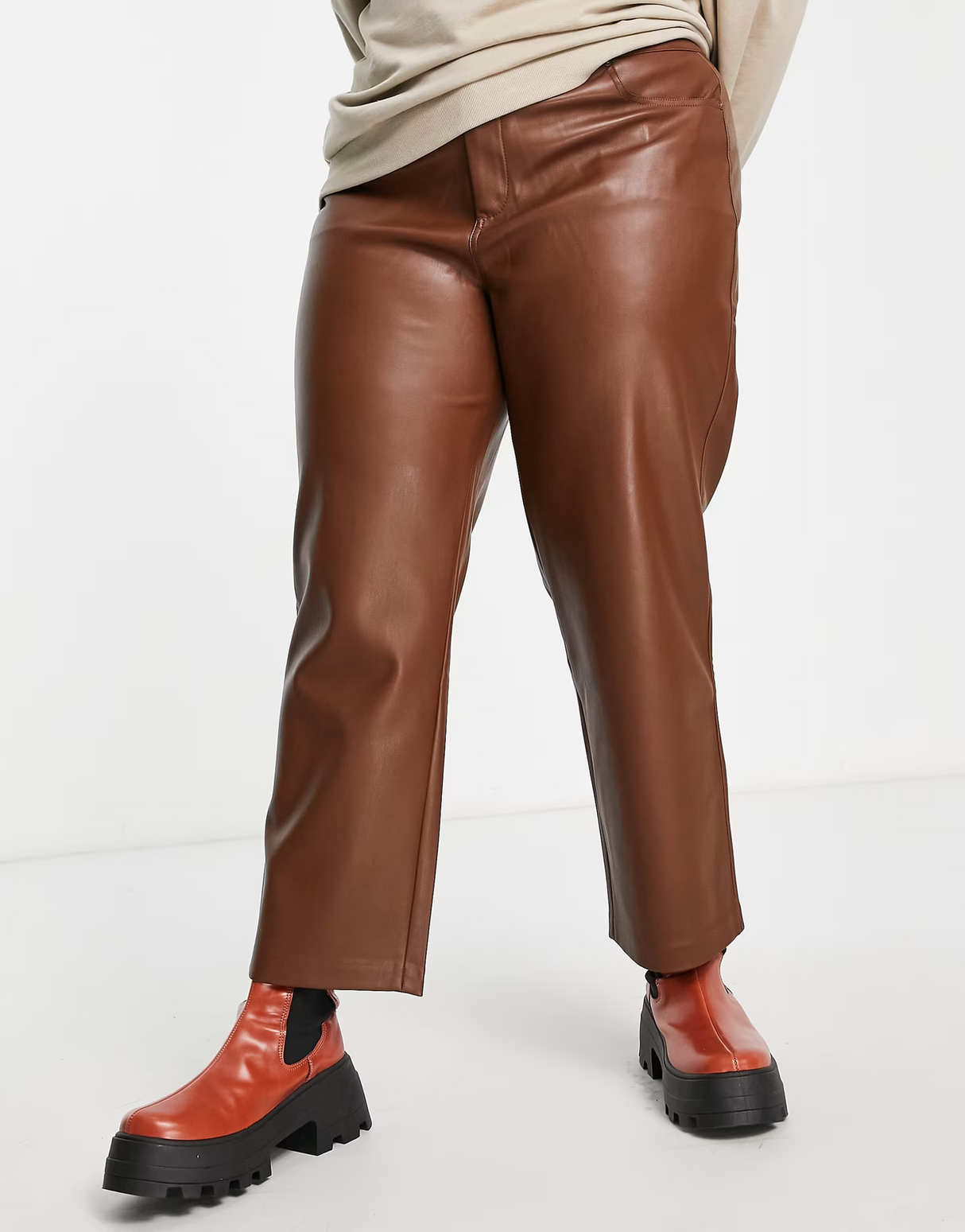Mango Curve Faux Leather Straight Leg Trousers In Brown