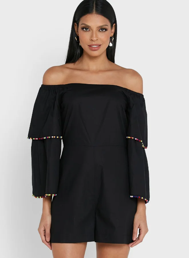 Never Fully Dressed Pom Pom Playsuit In Black