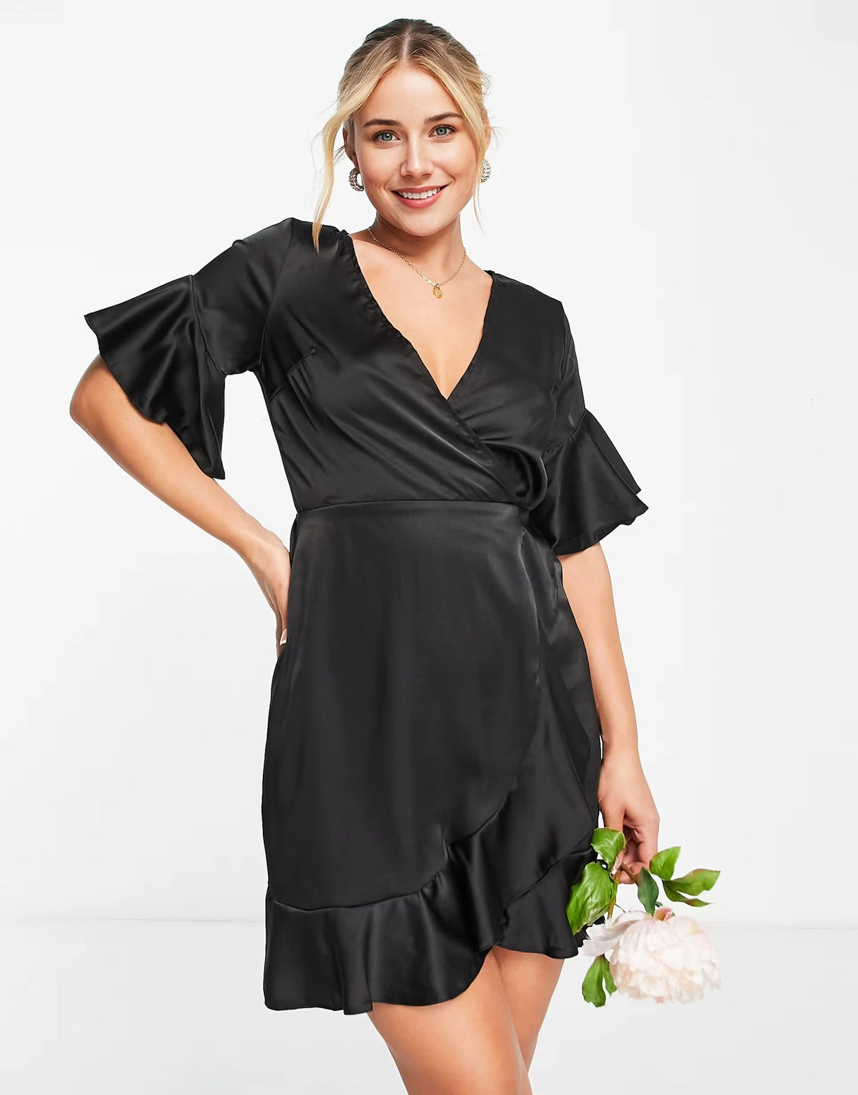 Ax Paris Satin Ruffle Mini Dress In Black