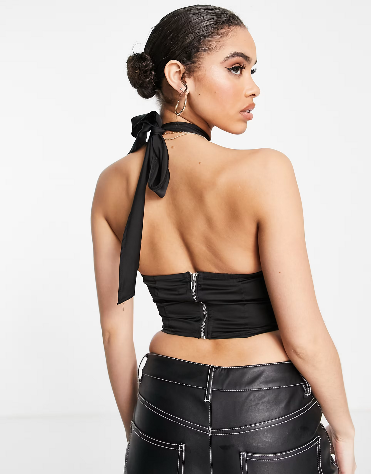 Missguided Halter Neck Wrap Top In Black Satin