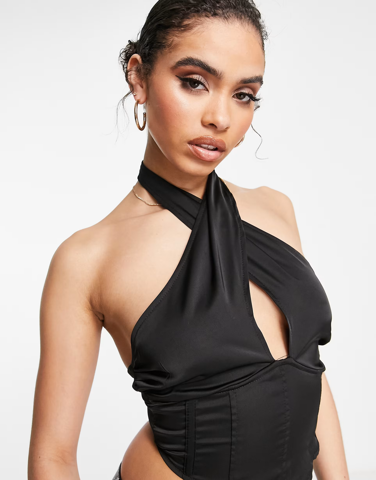 Missguided Halter Neck Wrap Top In Black Satin