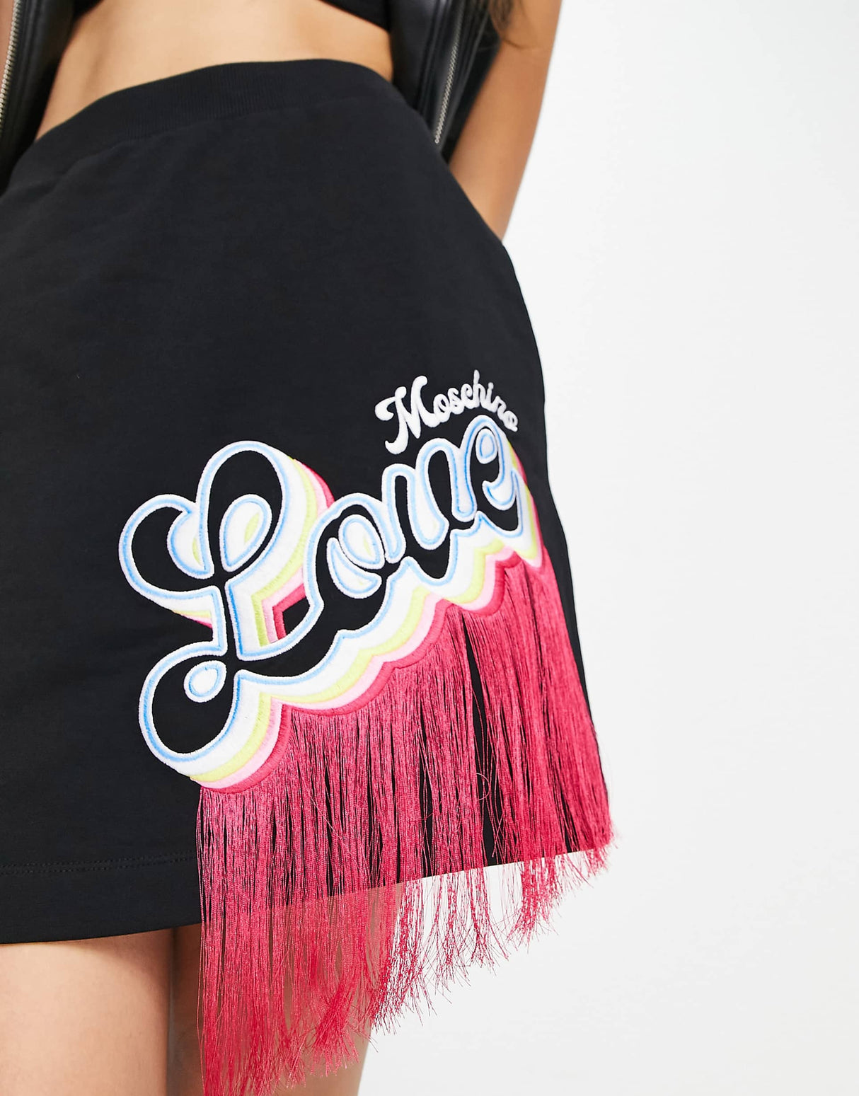 Love Moschino Fringed Logo Jersey Mini Skirt In Black