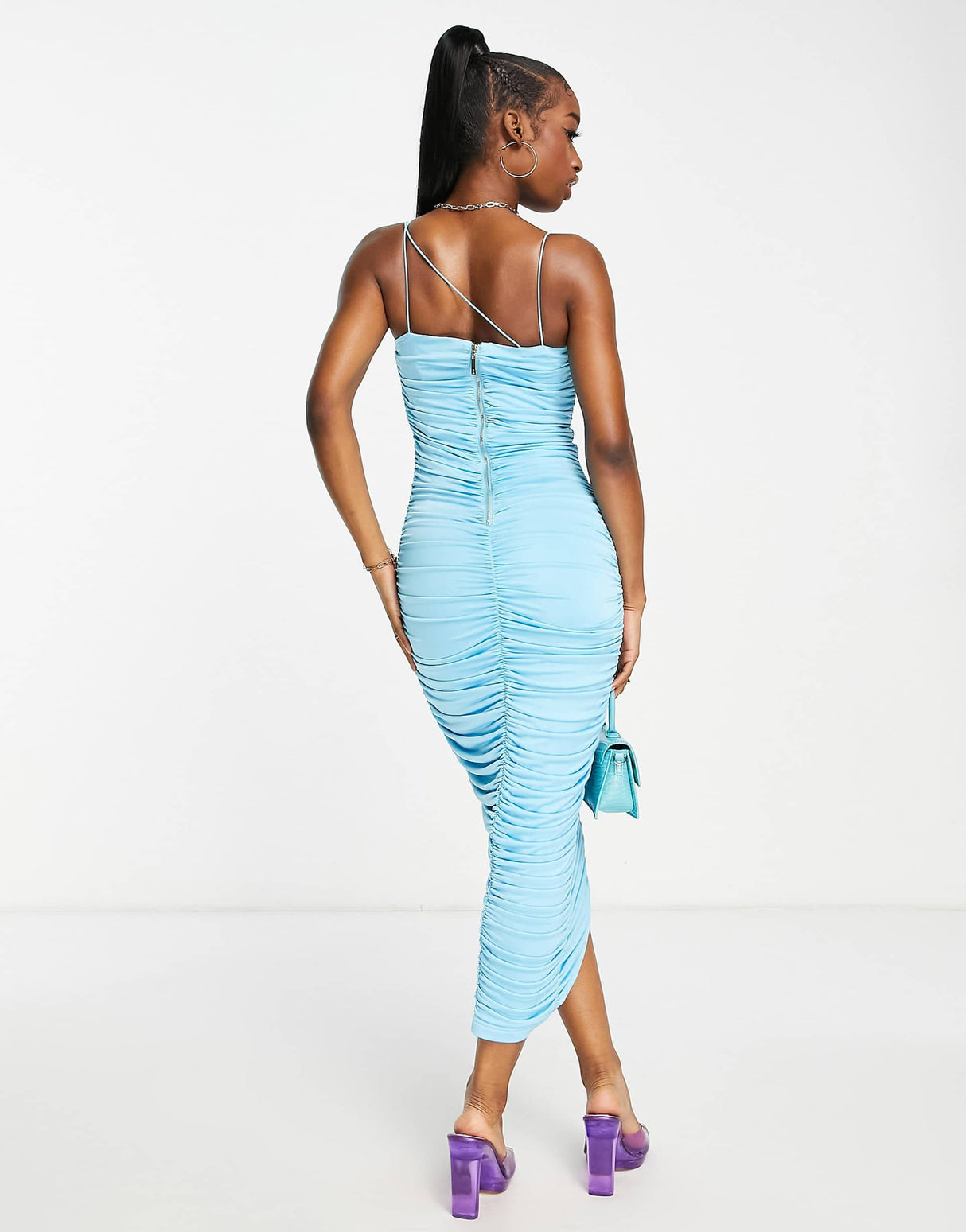 Rare London Ruched Midi Dress With Cami Straps In Blue