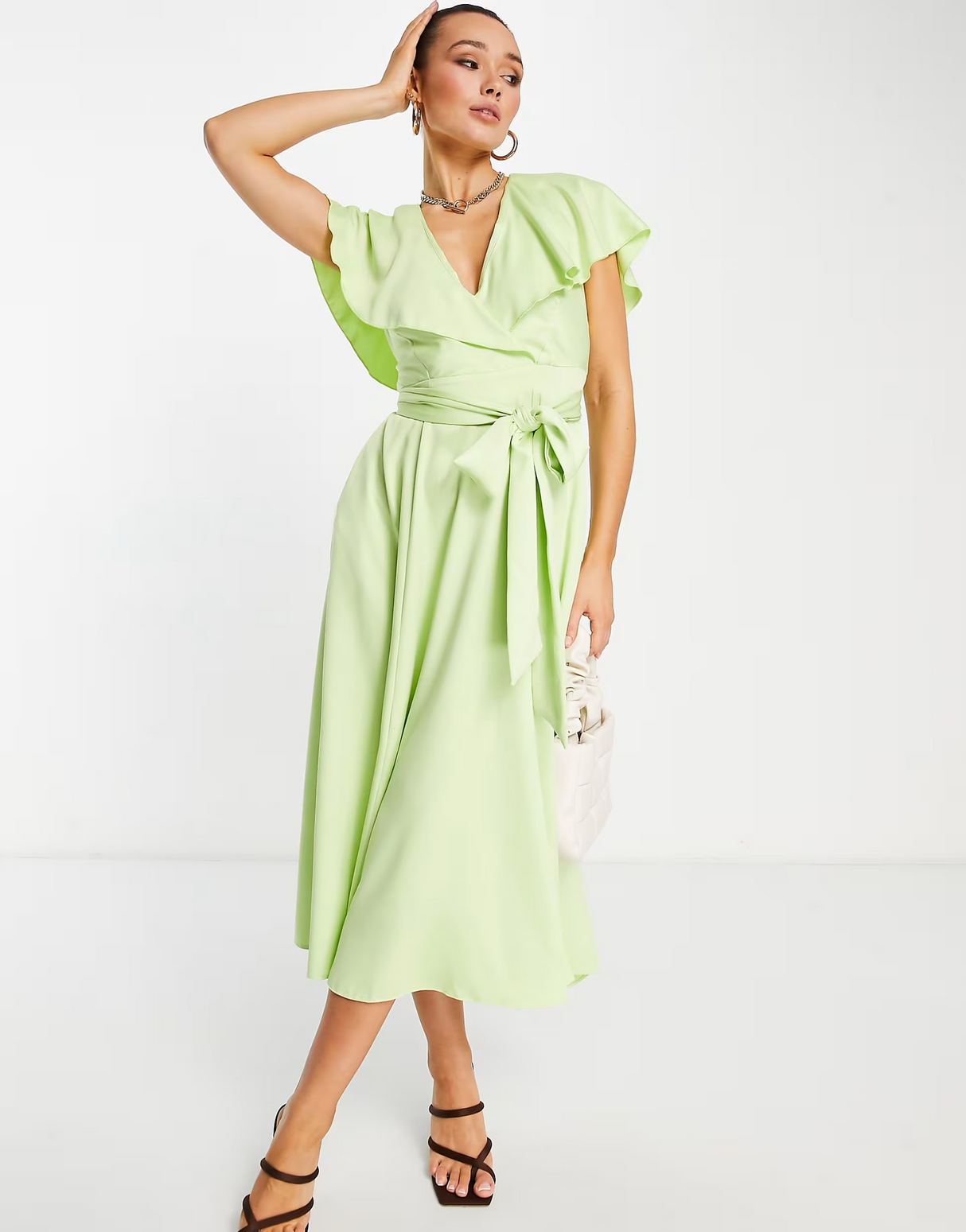 Closet London Ruched Waist Flutter Sleeve Midi Dress In Lime