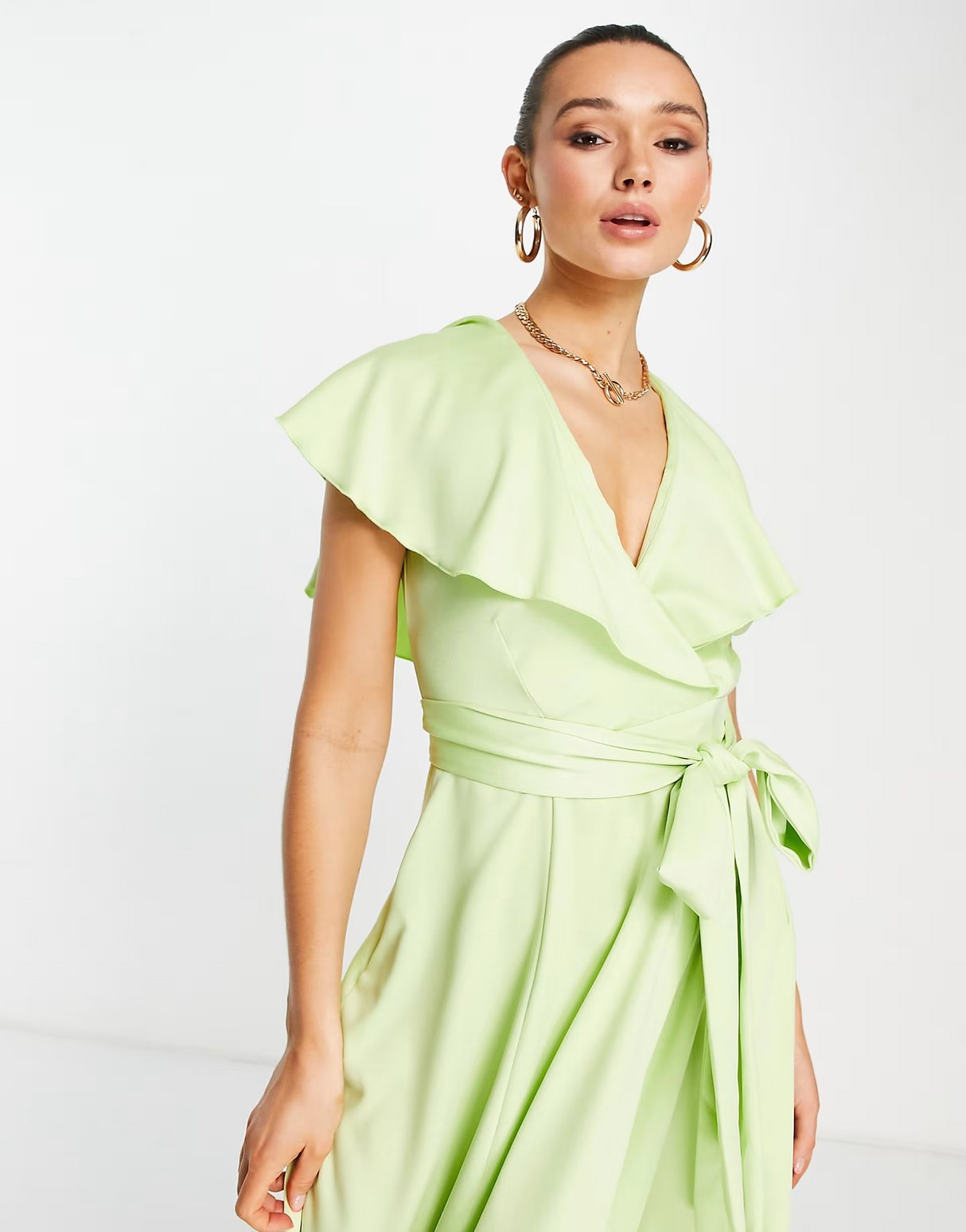 Closet London Ruched Waist Flutter Sleeve Midi Dress In Lime