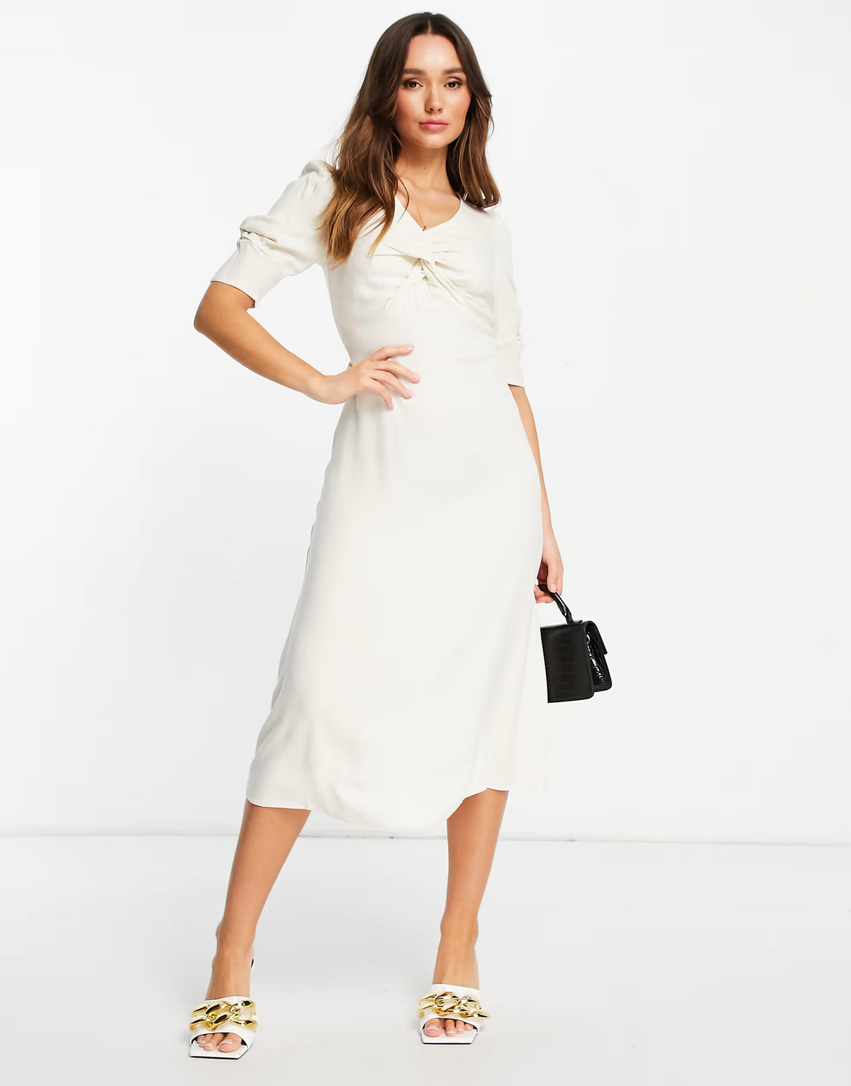 Closet London Twist Front Puff Sleeve Midi Dress In Cream