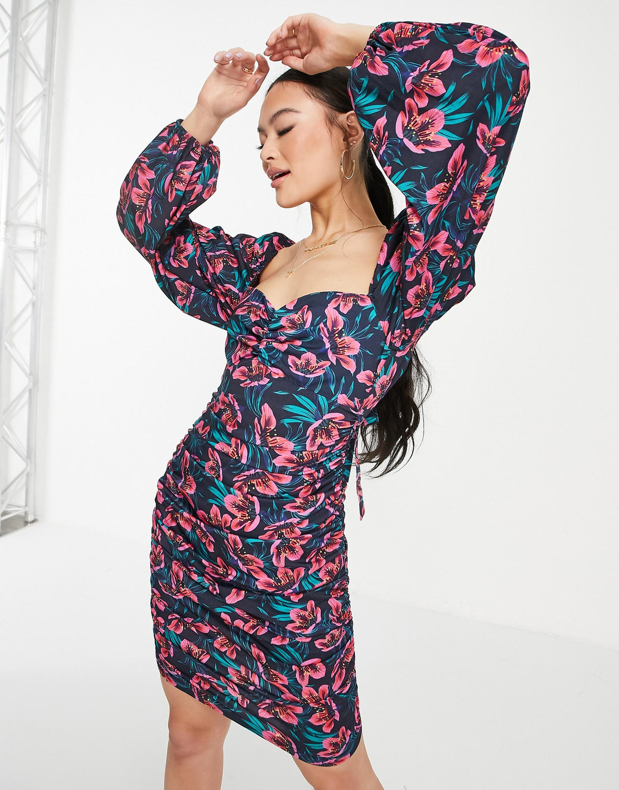 Trendyol Puff Sleeve Floral Dress In Pink