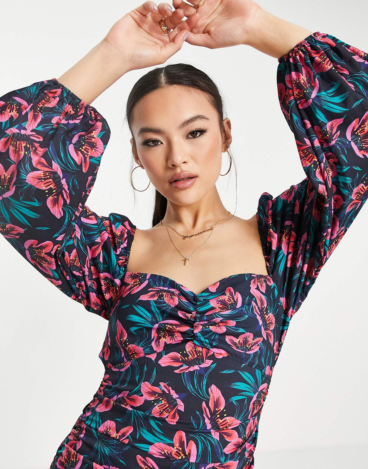 Trendyol Puff Sleeve Floral Dress In Pink