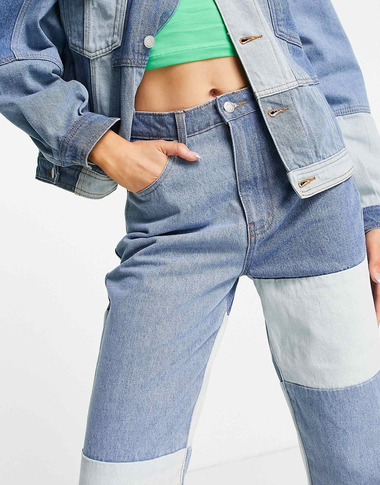 Signature 8 Co-Ord Patchwork Denim Flare Jeans In Mid Wash
