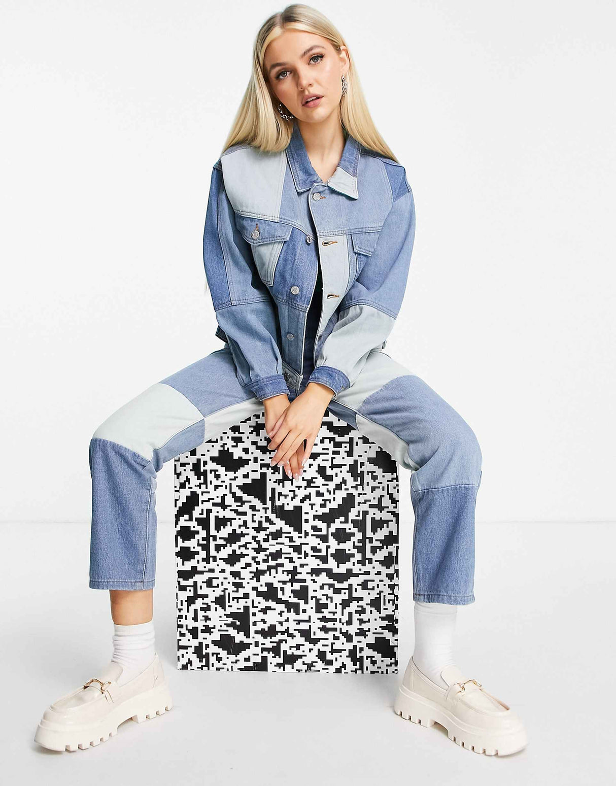 Signature 8 Co-Ord Patchwork Denim Flare Jeans In Mid Wash