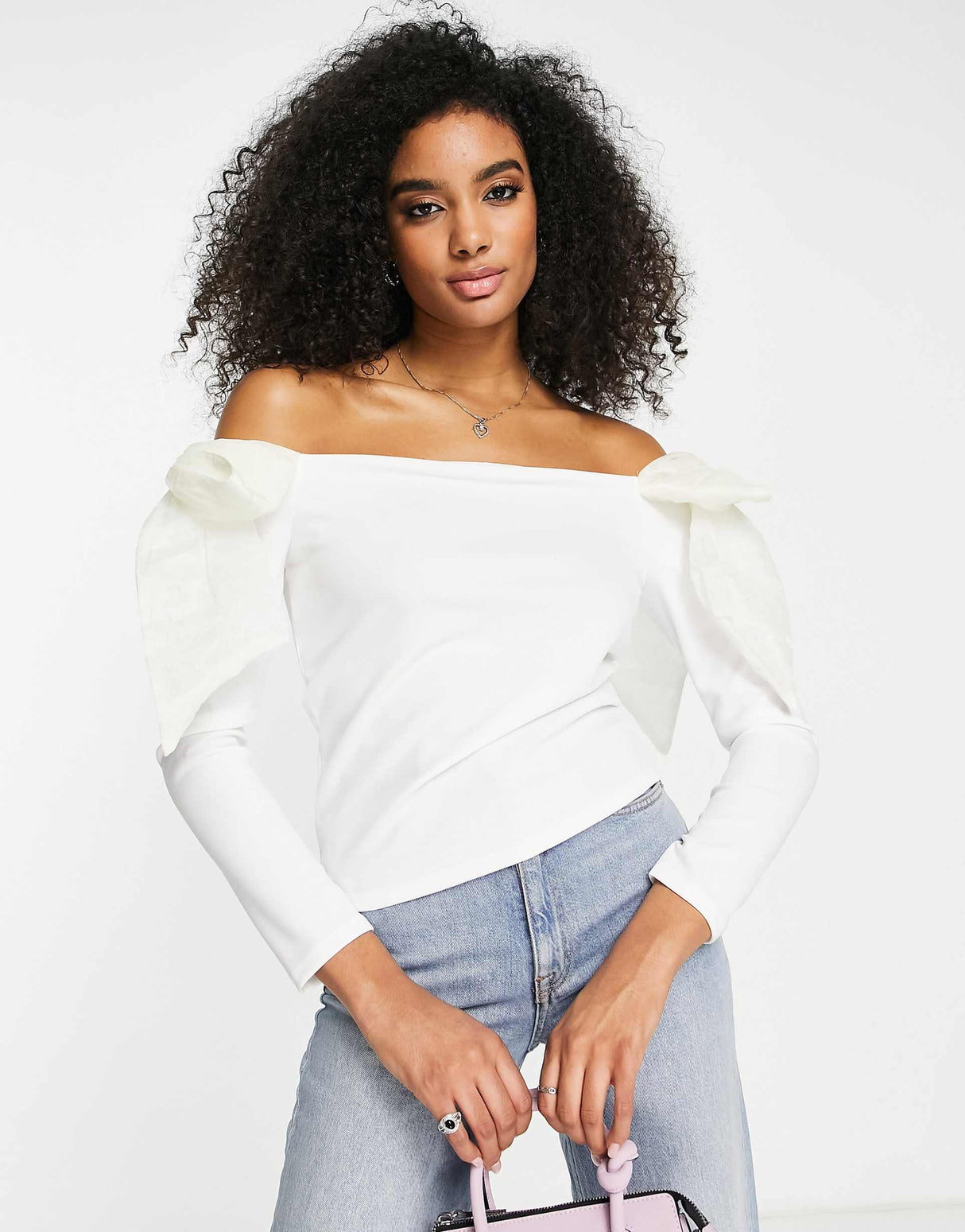 River Island Bardot Top With Organza Bows In White