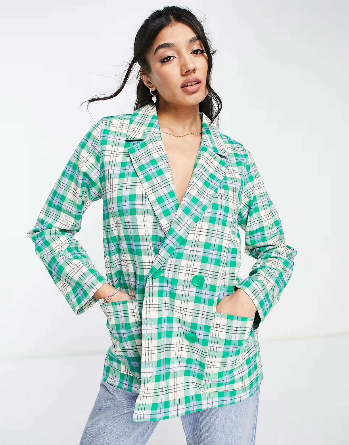 Monki Blazer In Green Check Print