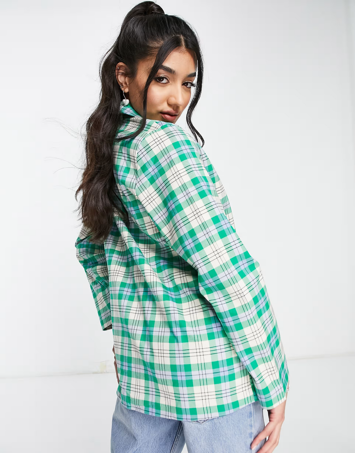 Monki Blazer In Green Check Print
