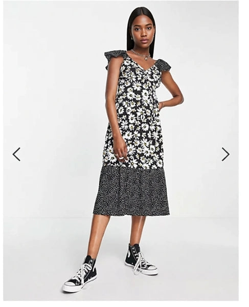 Influence Frill Sleeve Midi Dress In Daisy Polka Mix Print