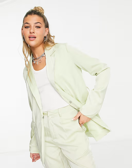 Heartbreak Tie Waist Blazer Co-Ord In Sage Green