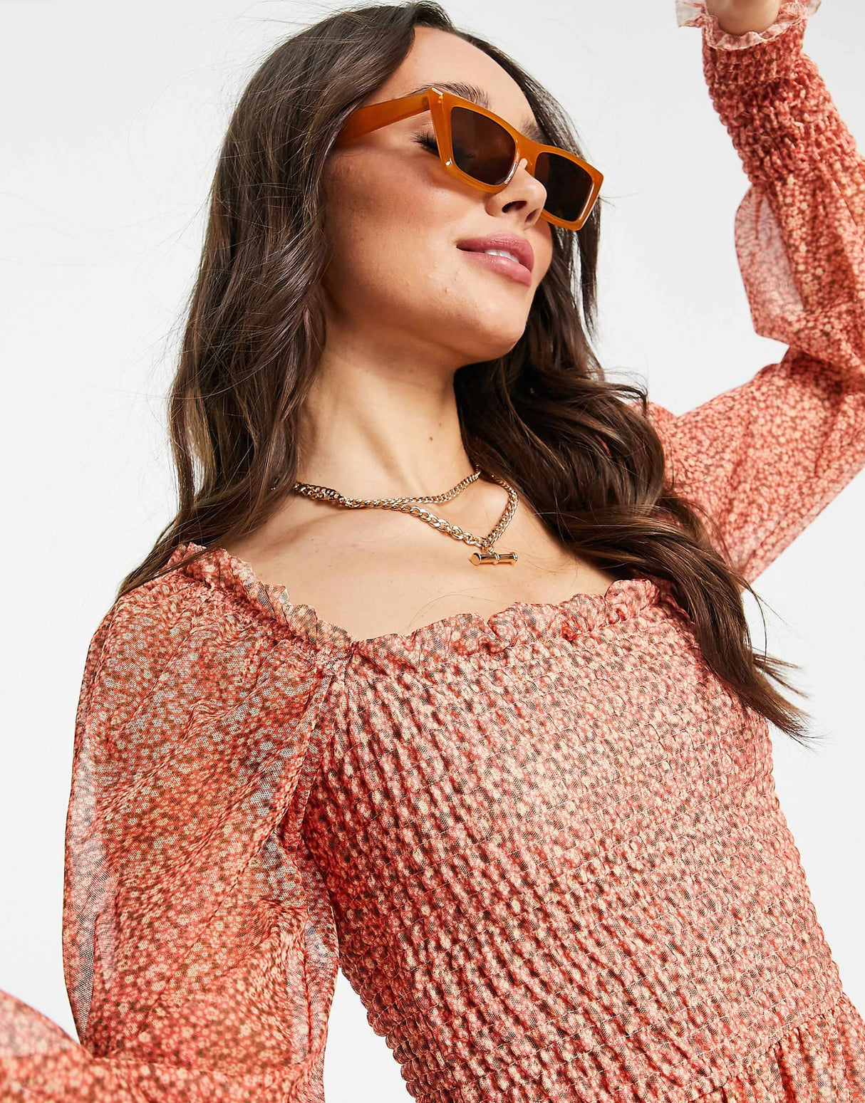 River Island Shirred Mesh Mini Dress In Red Ditsy Floral