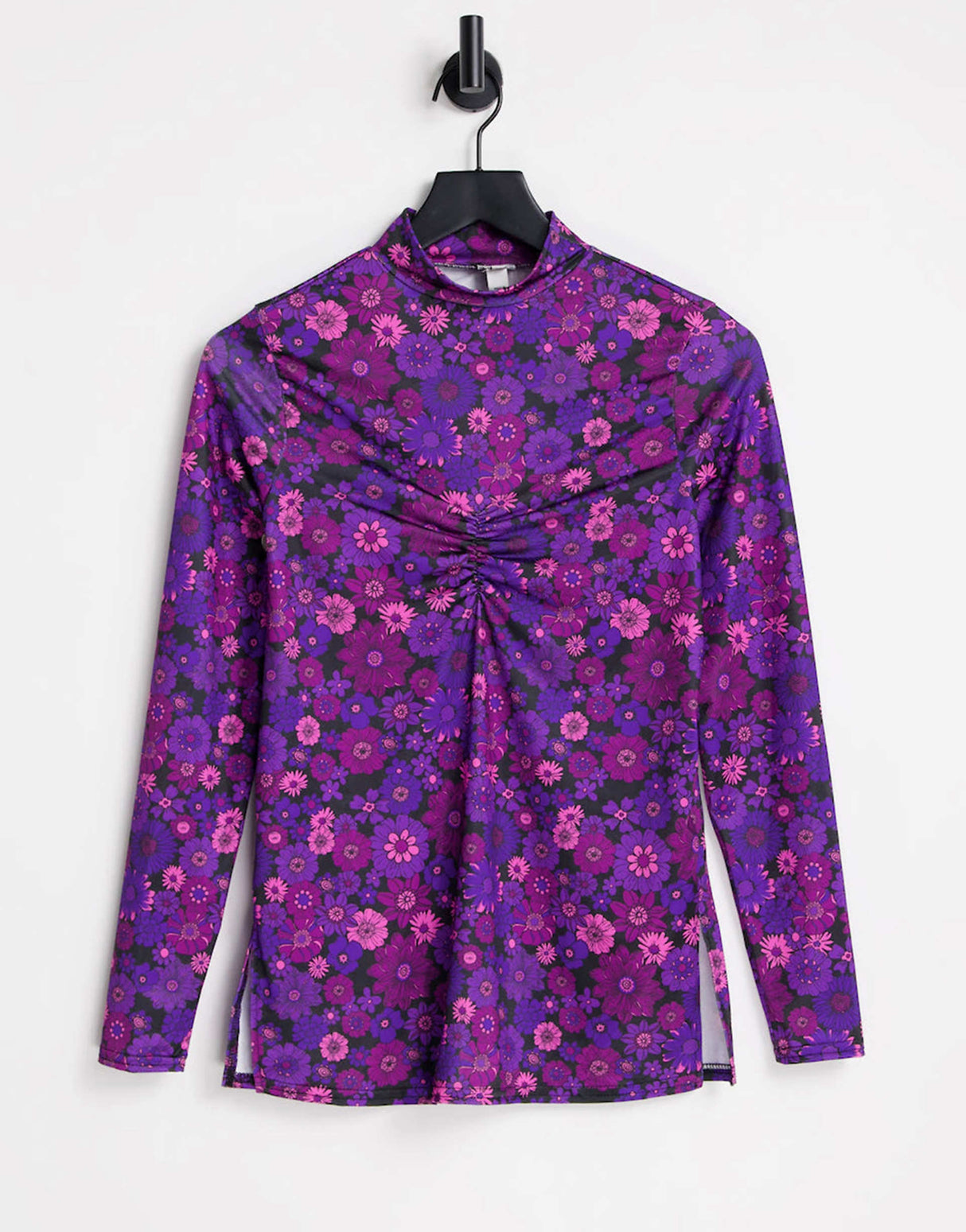 River Island Ruched Front Floral Top In Purple