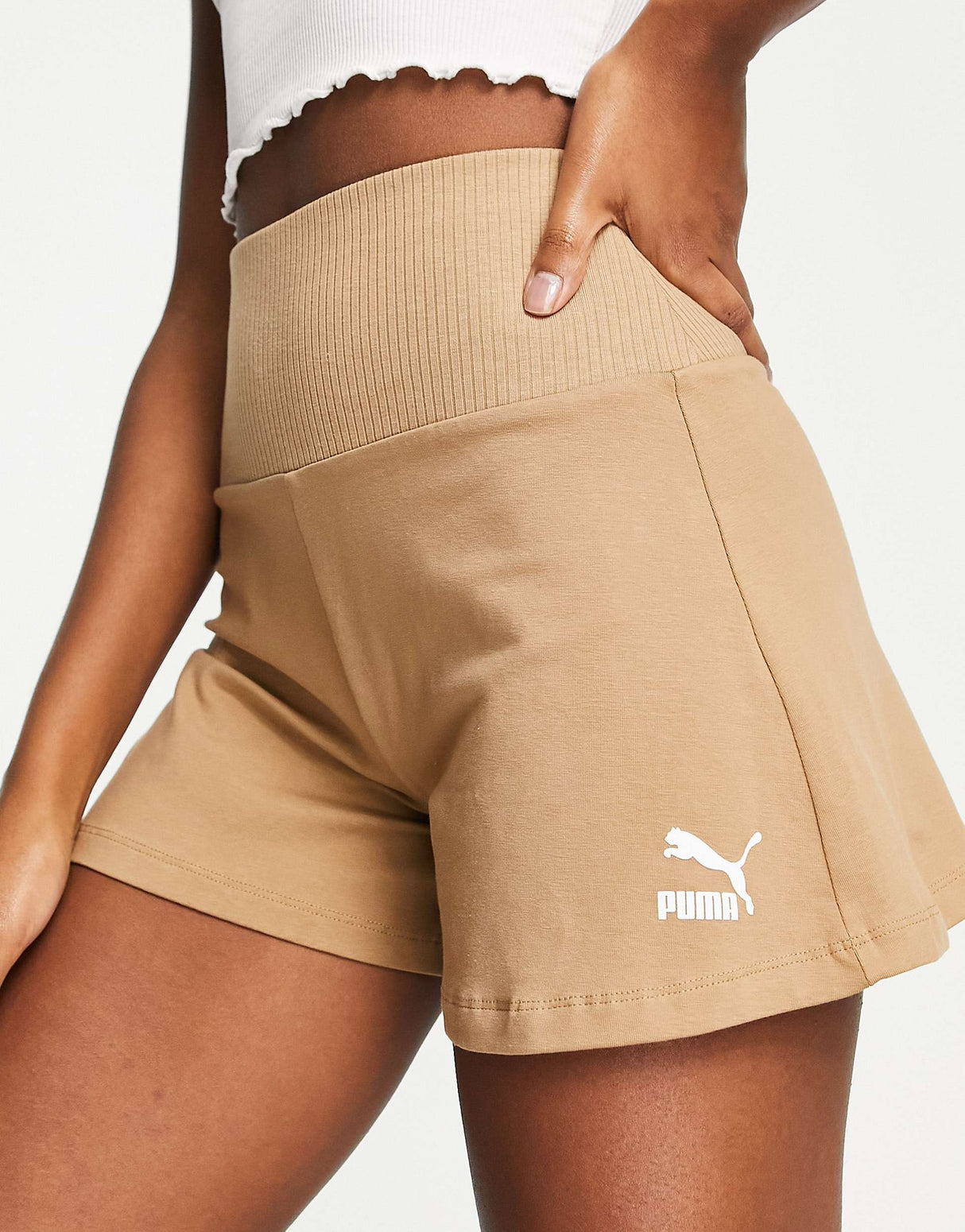 Puma High Waisted Boxer Shorts In Tan -