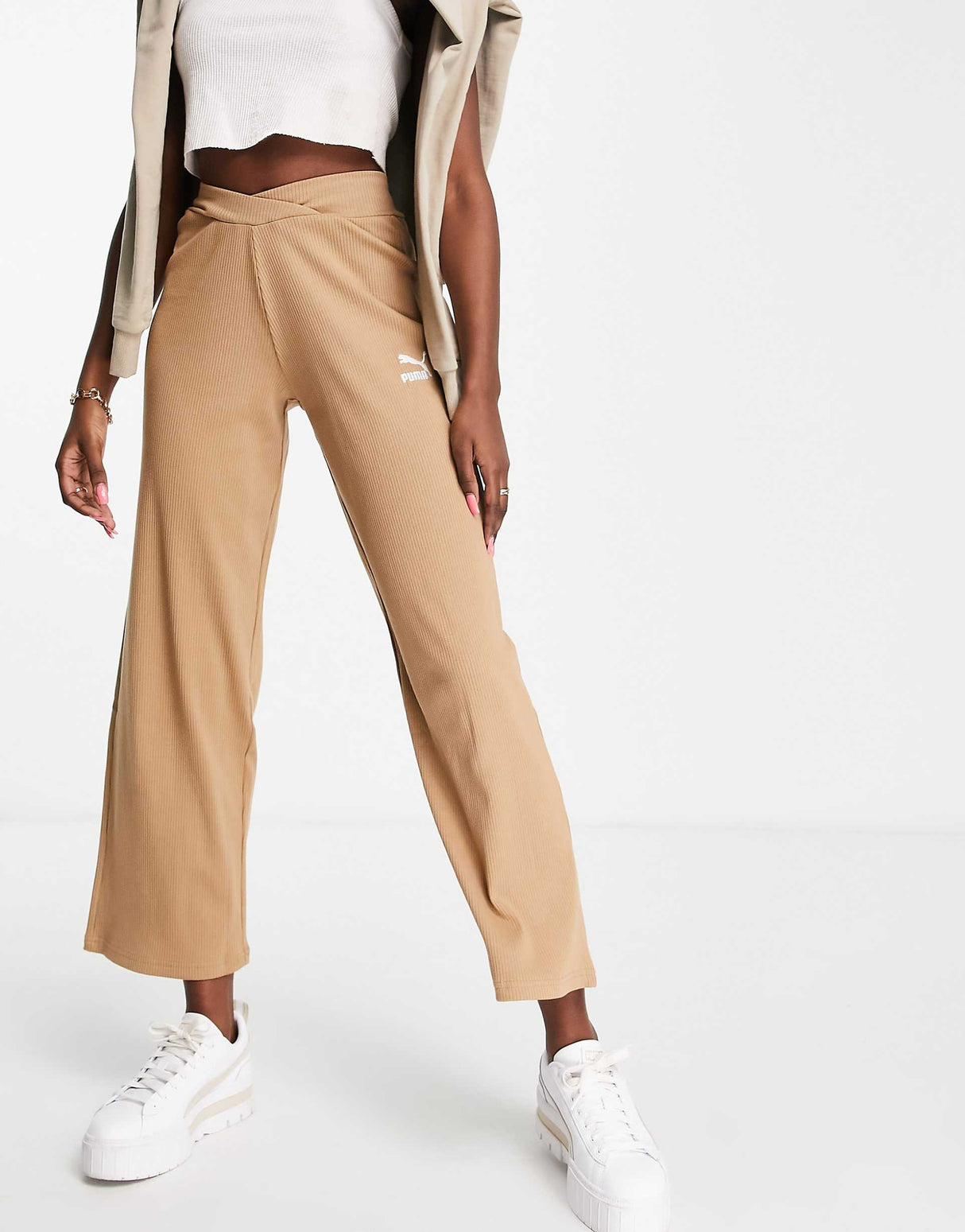 Puma Ribbed High Waisted Wide Leg Trousers In Tan -