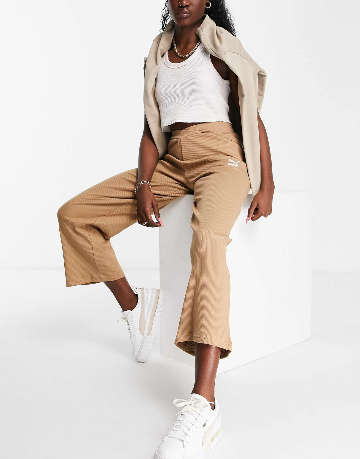 Puma Ribbed High Waisted Wide Leg Trousers In Tan -