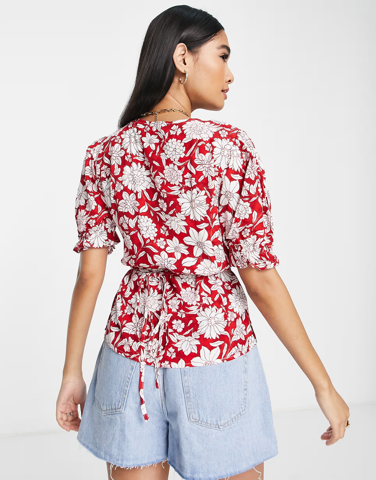 Mango Frill Detail Tie Blouse Red Floral Print