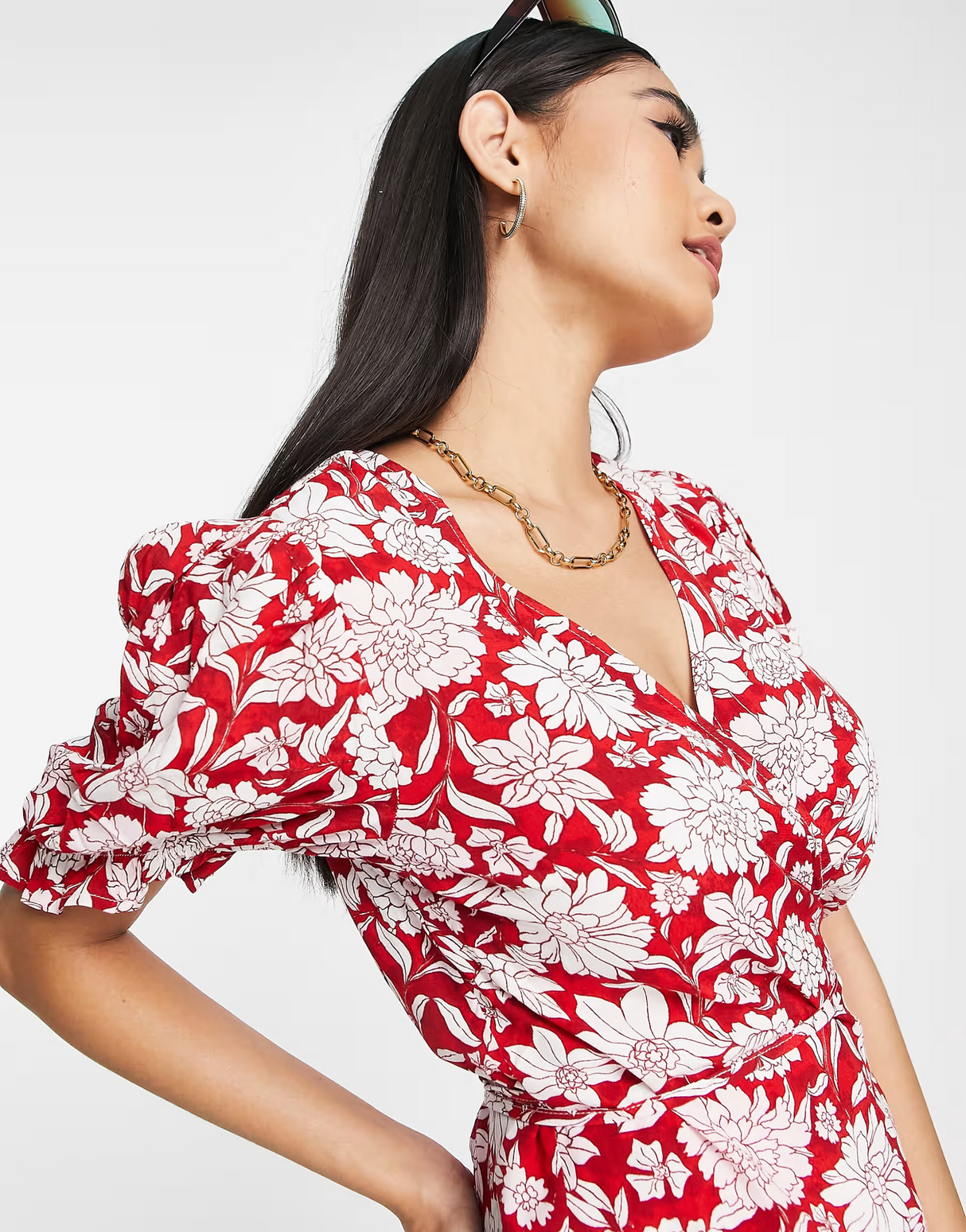 Mango Frill Detail Tie Blouse Red Floral Print