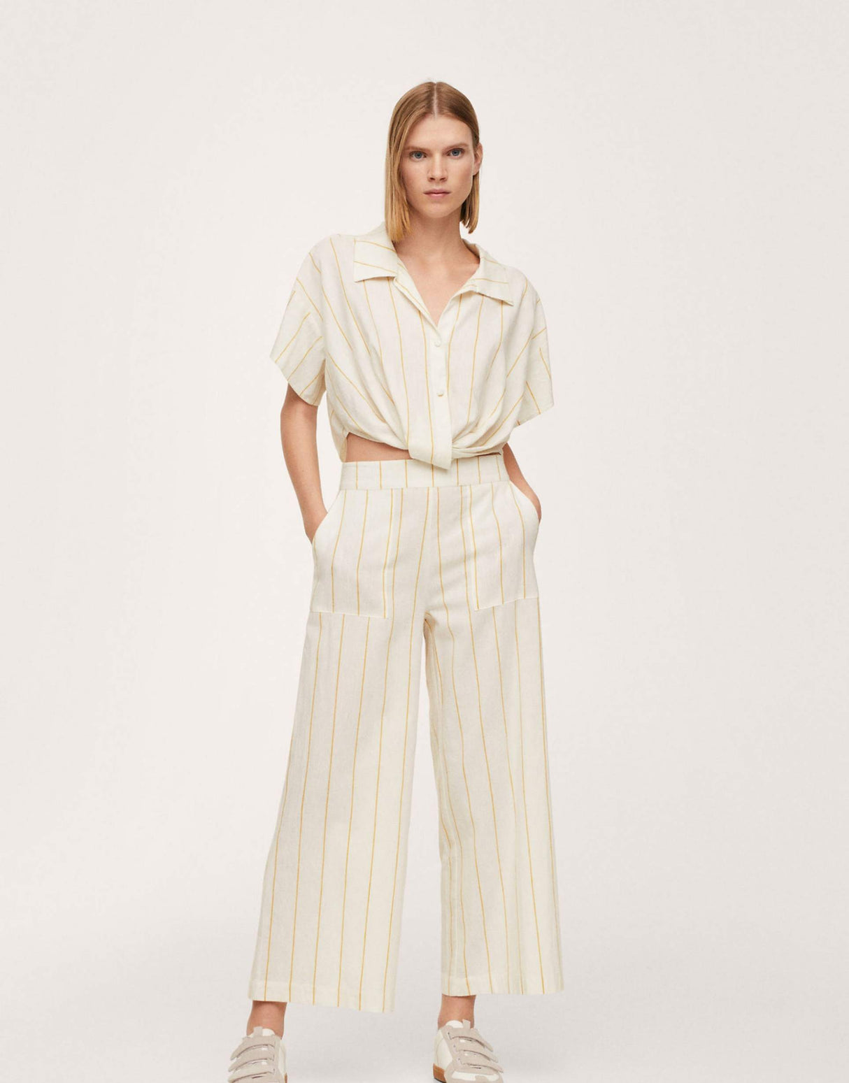 Mango Cut Out Detail Linen Stripe Jumpsuit In White