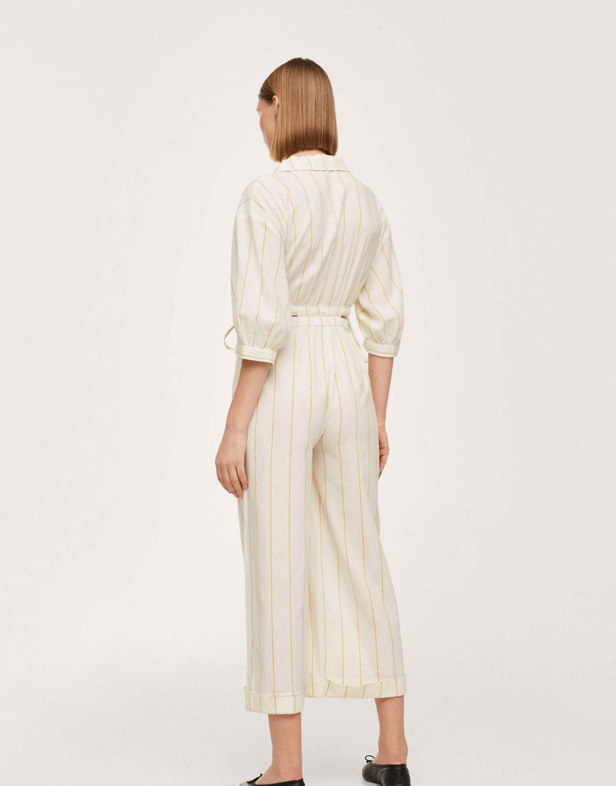 Mango Cut Out Detail Linen Stripe Jumpsuit In White