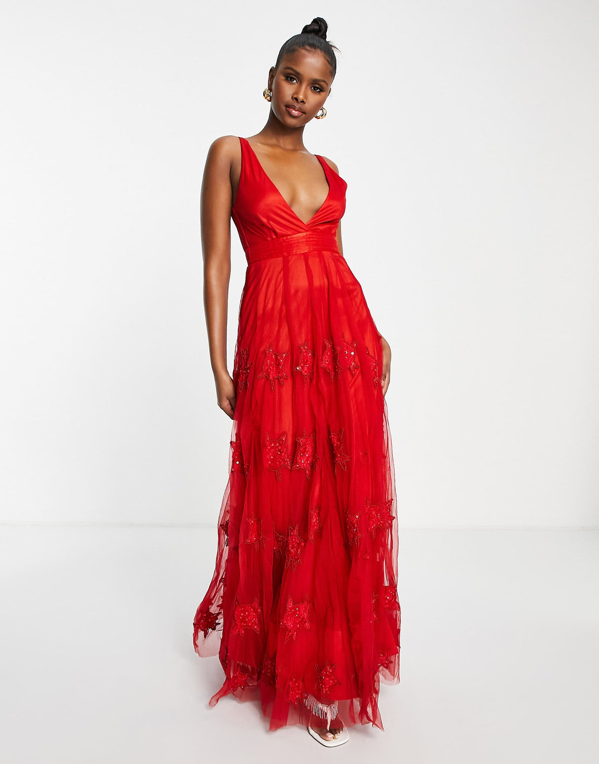 A Star Is Born V Neck Embellished Maxi Prom Dress In Red